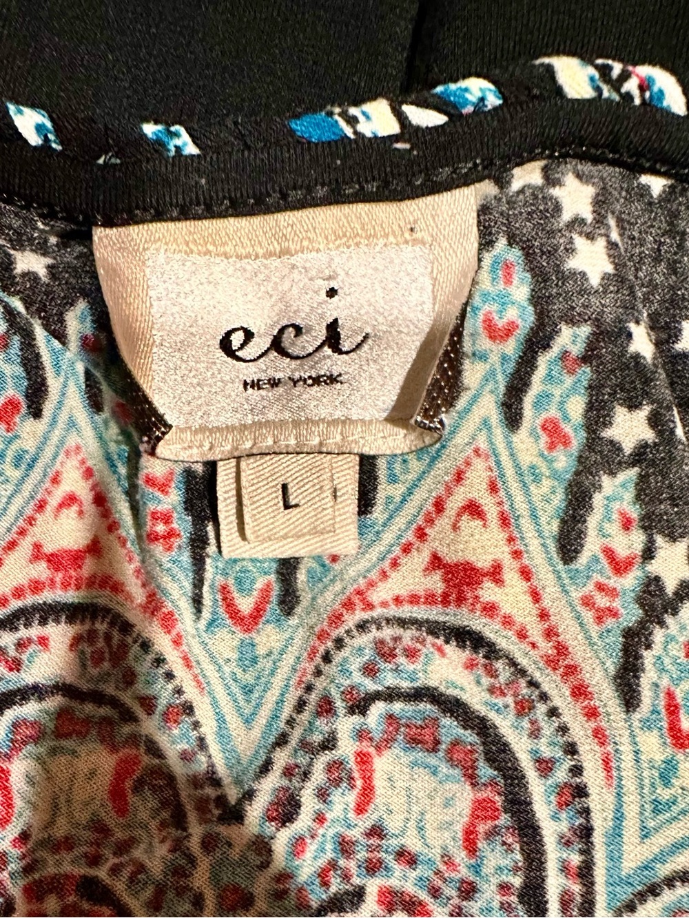 ECI New York Printed Black Medallion-Pattern Women's Top - Black/Red/Blue size L - Picture 6 of 7